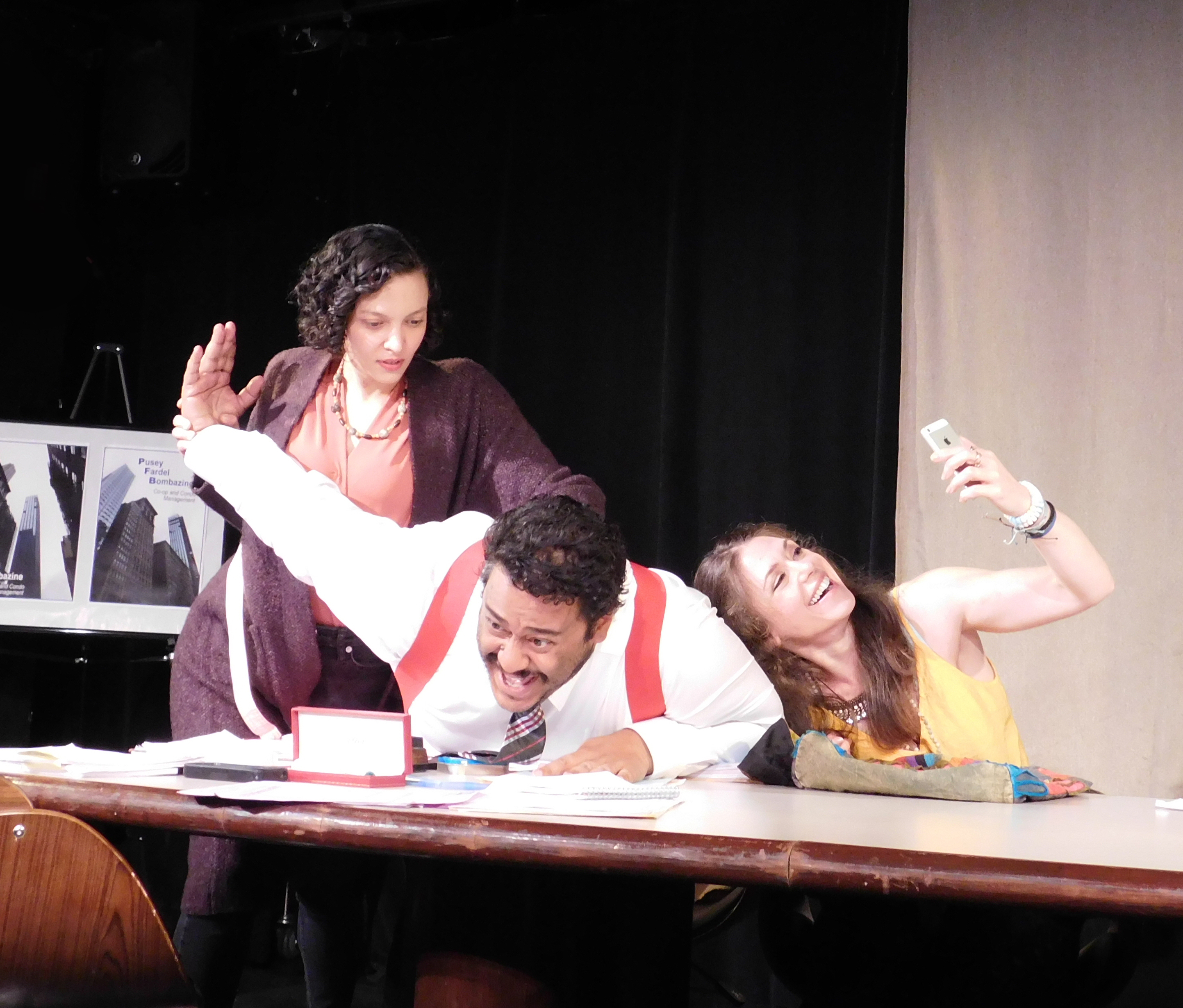 QUIET ENJOYMENT by Richard Curtis - L to R Samantha Mercado Tudda (MERRY), Mario Claudio (BIMSKY) _ Megan Simard (KARMA), Photo by Mozinya Productions